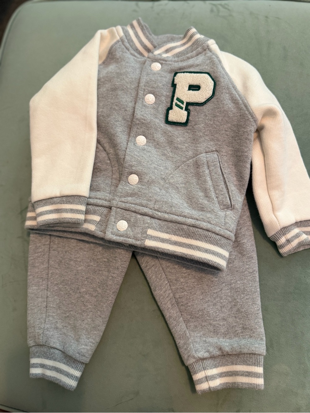 Ralph Lauren Baby Boy 2 piece Baseball Jacket and Jogger Set Grey 9 Months